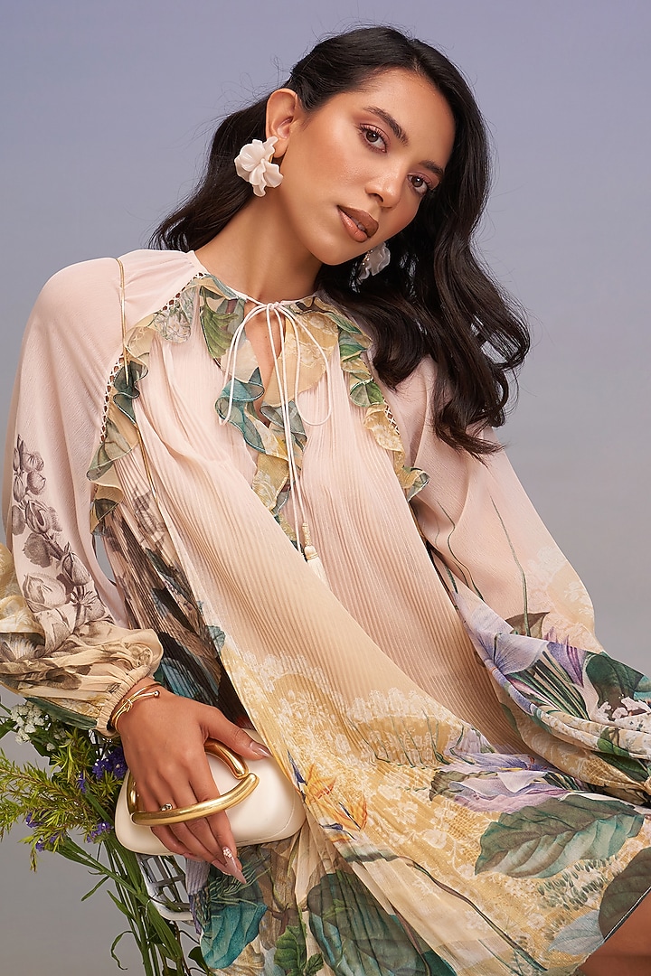 Crayola-Colored Chiffon Pleated Mini Vacation Dress by Pankaj & Nidhi at Pernia's Pop Up Shop
