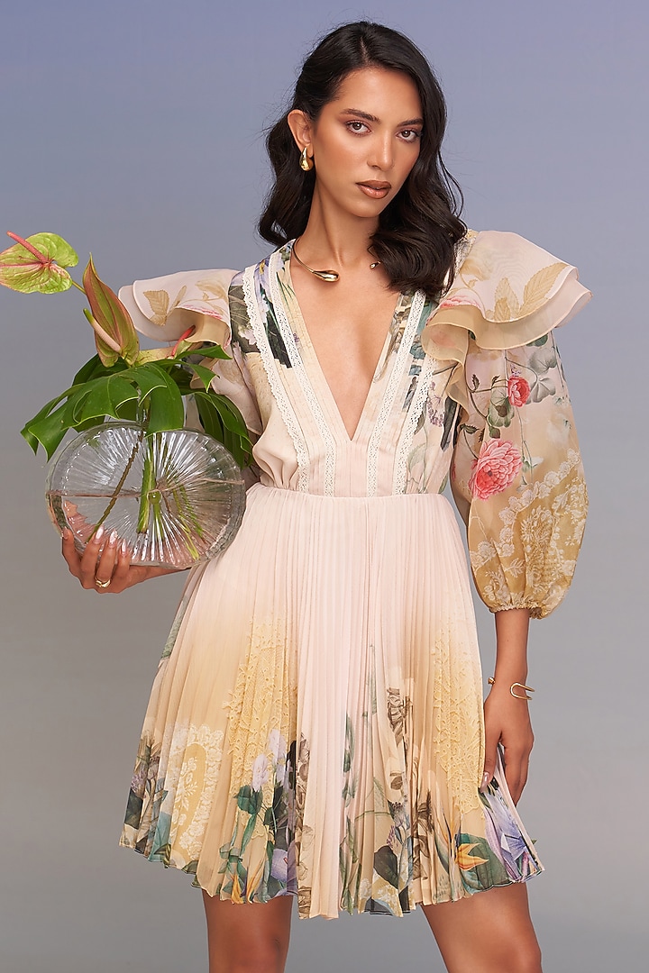 Crayola-Colored Chiffon & Organza Pleated Mini Vacation Dress by Pankaj & Nidhi at Pernia's Pop Up Shop