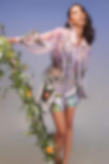 Periwinkle Organza Fringed Hand Embellished Jacket by Pankaj & Nidhi at Pernia's Pop Up Shop