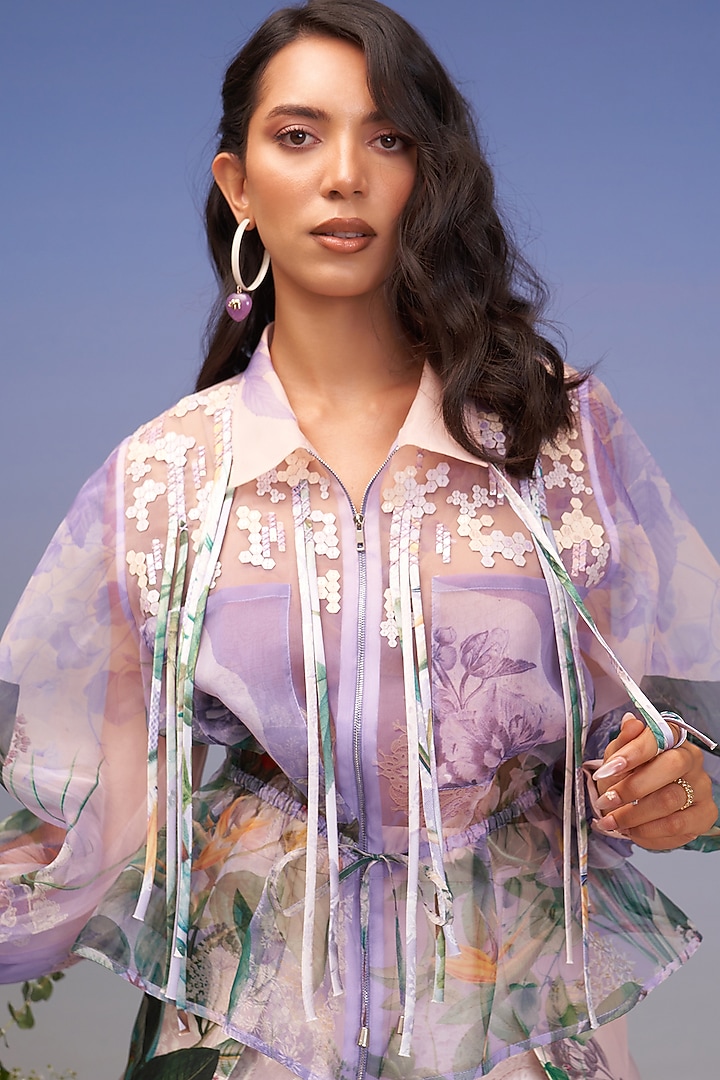 Periwinkle Organza Fringed Hand Embellished Jacket by Pankaj & Nidhi at Pernia's Pop Up Shop