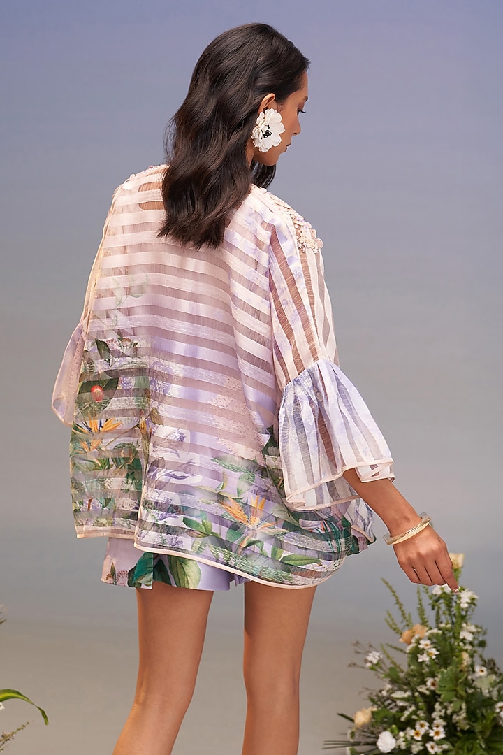 Periwinkle Striped Organza Hand Embellished Co-Ord Set by Pankaj & Nidhi at Pernia's Pop Up Shop