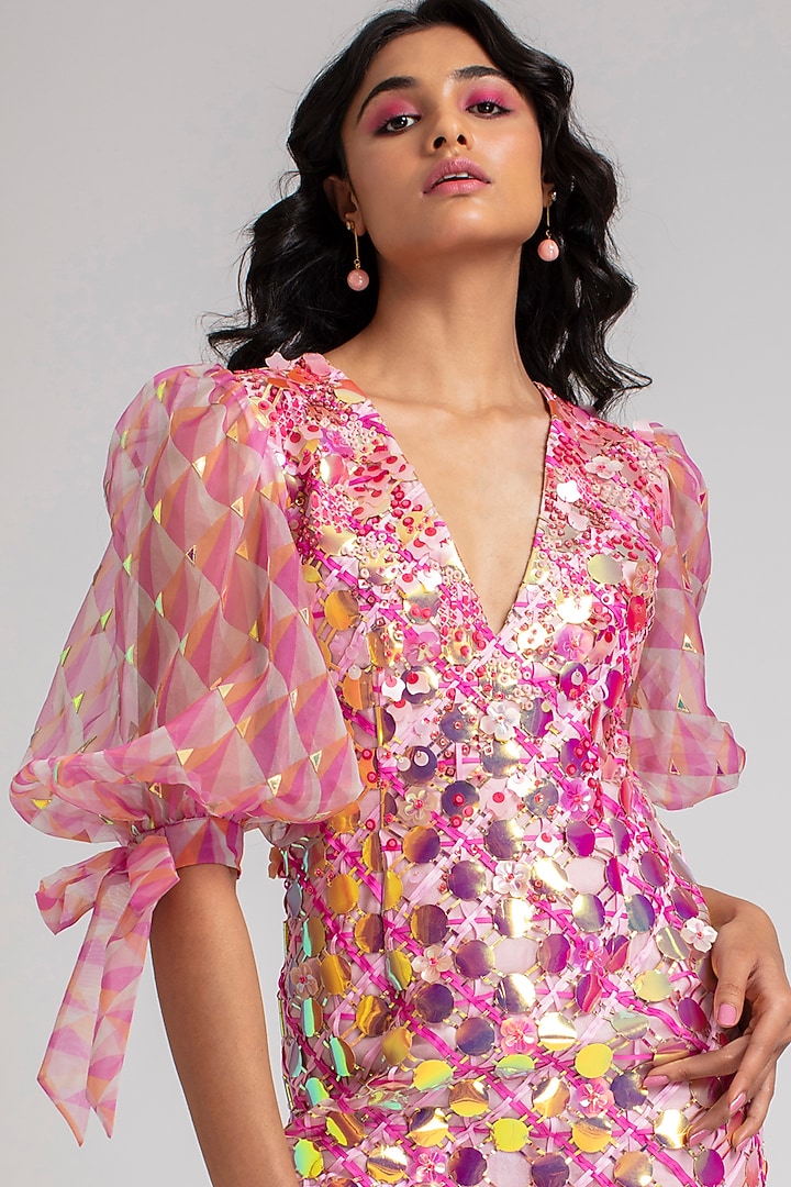 Pink & Gold Hand Embroidered Cocktail Dress by Pankaj & Nidhi at Pernia's Pop Up Shop