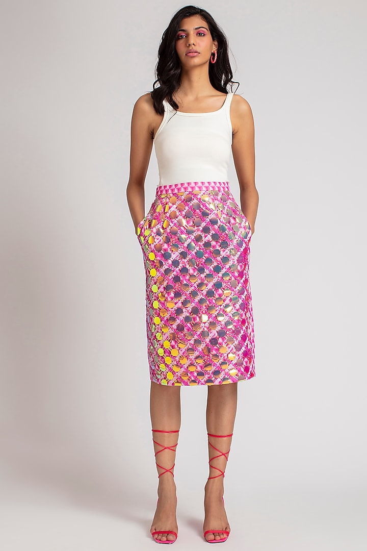Pink & Gold Hand Embroidered Pencil Skirt by Pankaj & Nidhi