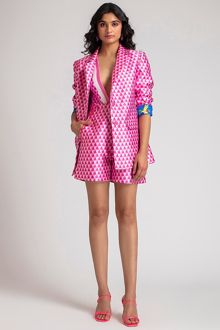 Fuchsia Pink Satin Printed Shorts by Pankaj & Nidhi