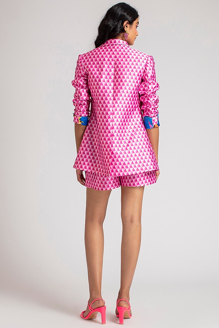 Fuchsia Pink Satin Printed Shorts by Pankaj & Nidhi at Pernia's Pop Up Shop