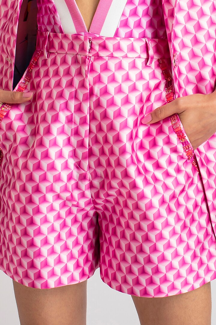 Fuchsia Pink Satin Printed Shorts by Pankaj & Nidhi at Pernia's Pop Up Shop