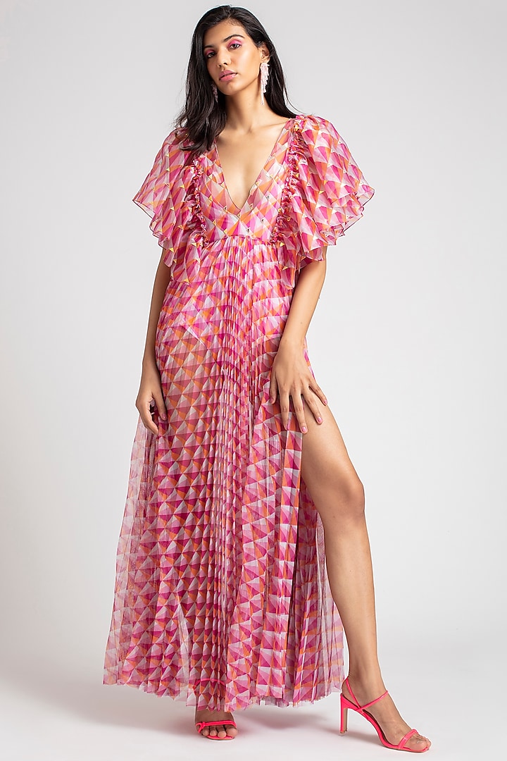 Pink & Orange Printed Pleated Dress by Pankaj & Nidhi at Pernia's Pop Up Shop