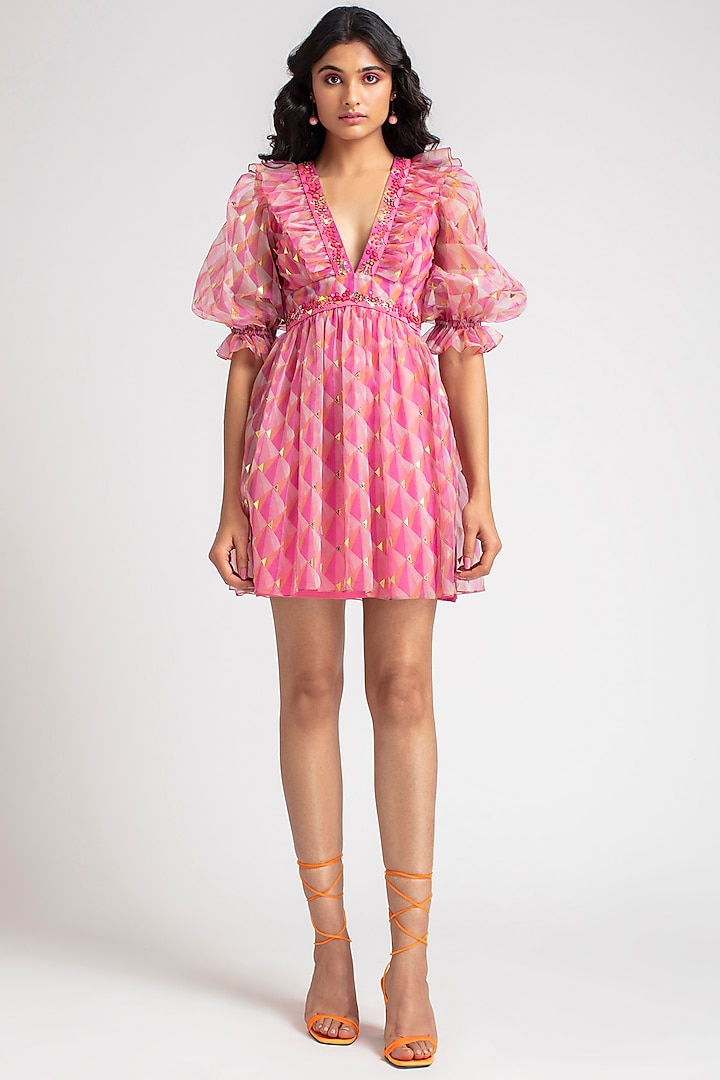 Pink & Orange Printed Mini Dress With Inner Design by Pankaj & Nidhi at