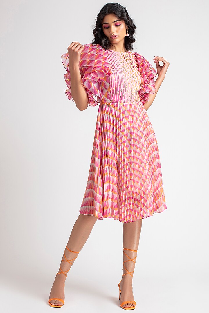 Pink & Orange Printed Dress by Pankaj & Nidhi