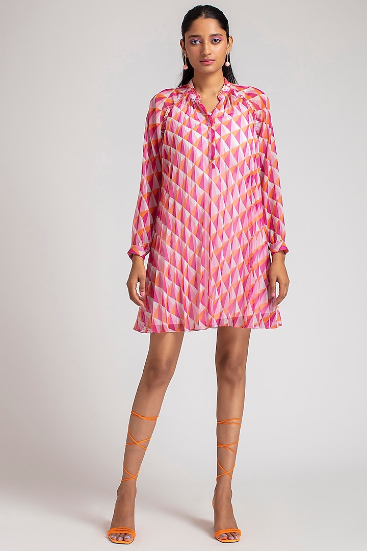 Pink & Orange Printed & Hand Embroidered Dress by Pankaj & Nidhi