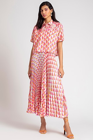 Pink & Orange Printed Cropped Shirt With Inner by Pankaj & Nidhi