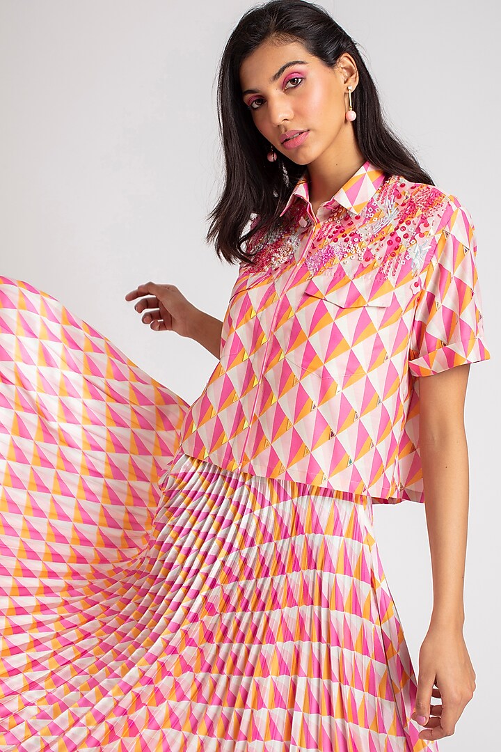 Pink & Orange Printed Cropped Shirt With Inner by Pankaj & Nidhi at Pernia's Pop Up Shop