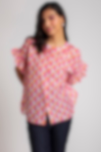 Pink & Orange Printed Cotton Silk  Shirt With Inner by Pankaj & Nidhi