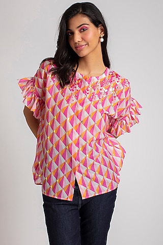 Pink & Orange Printed Cotton Silk  Shirt With Inner by Pankaj & Nidhi