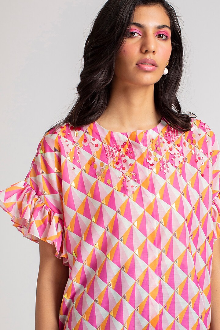 Pink & Orange Printed Cotton Silk  Shirt With Inner by Pankaj & Nidhi at Pernia's Pop Up Shop