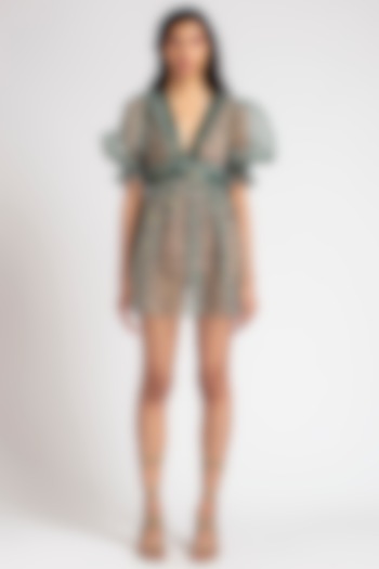 Forest Green Printed Mini Vacation Dress by Pankaj & Nidhi at Pernia's Pop Up Shop