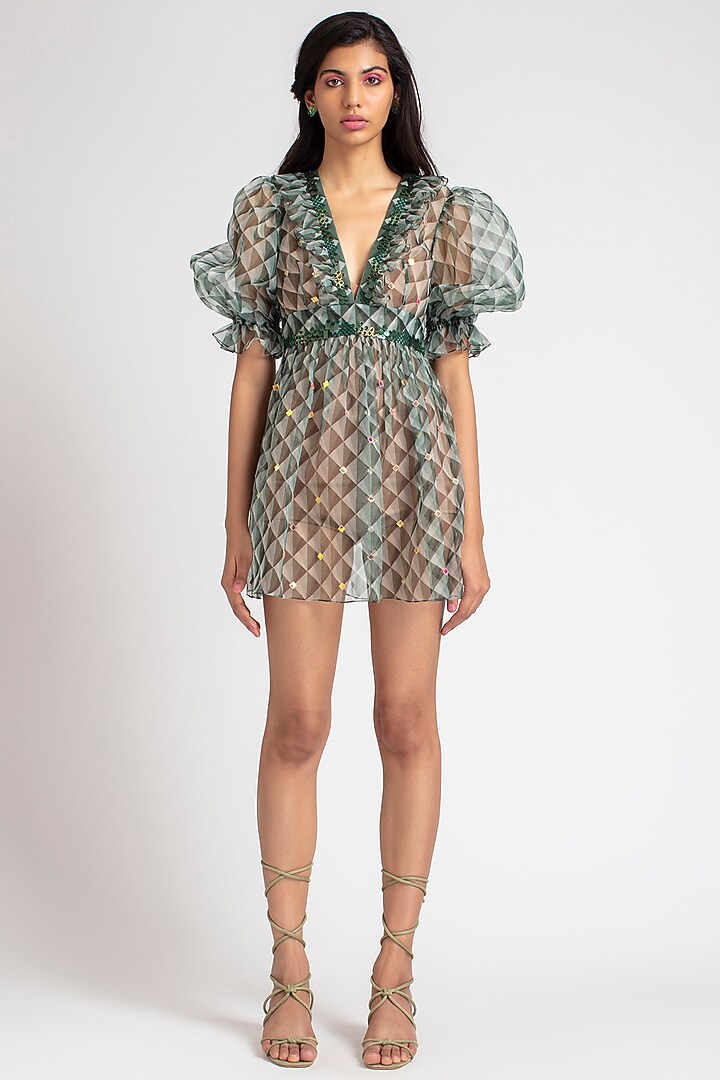 Forest Green Printed Mini Vacation Dress by Pankaj & Nidhi at Pernia's Pop Up Shop