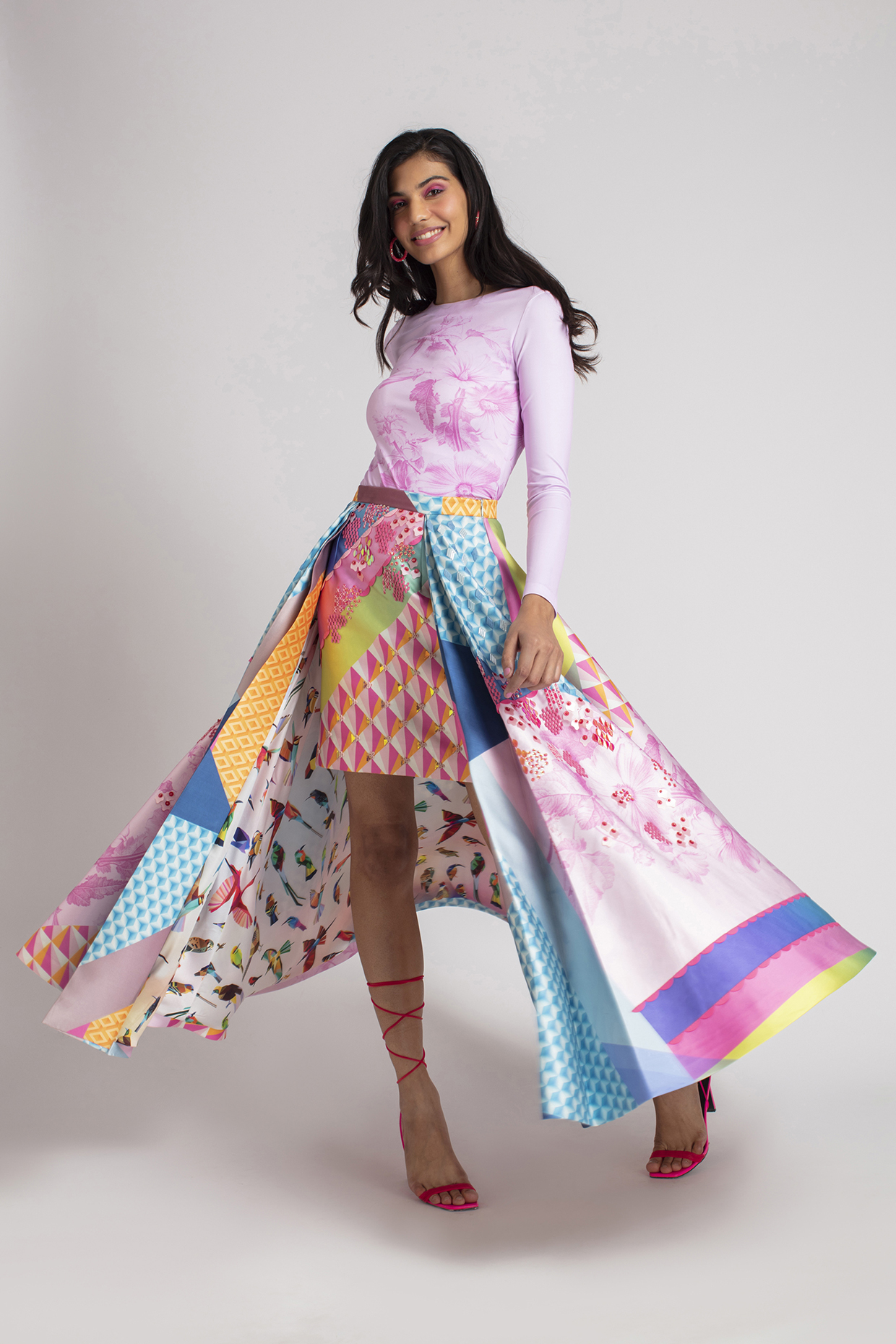 Multi Colored Printed Flared Midi Skirt by Pankaj & Nidhi at Pernia's Pop Up Shop