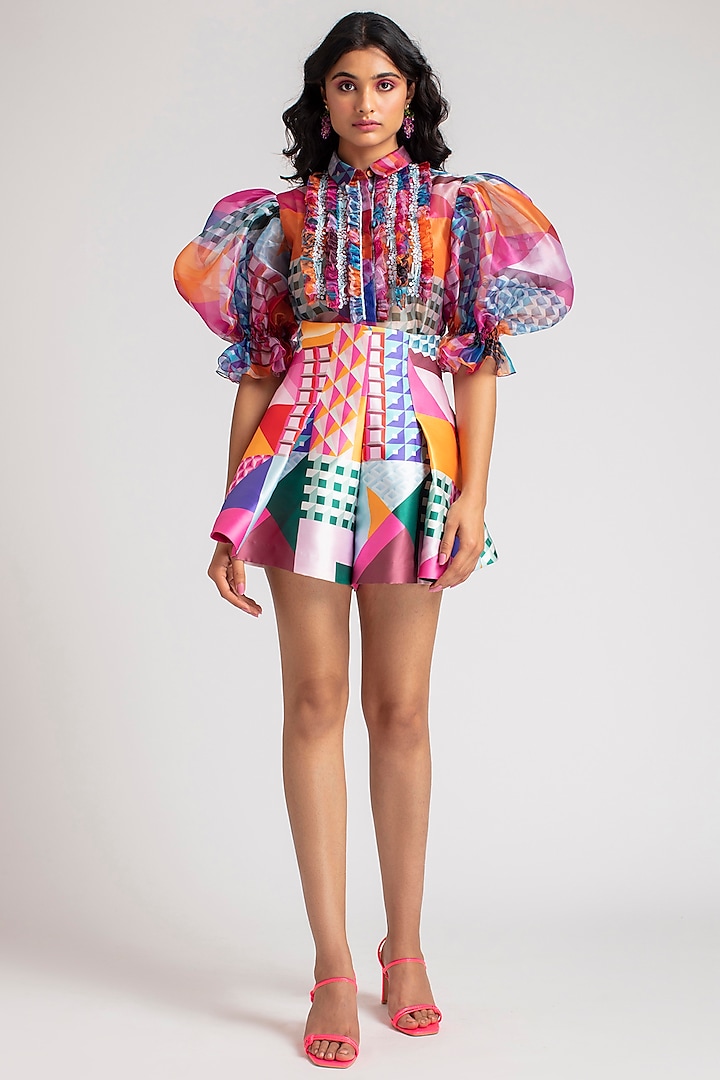 Multi Colored Graphic Printed Divided Skirt by Pankaj & Nidhi