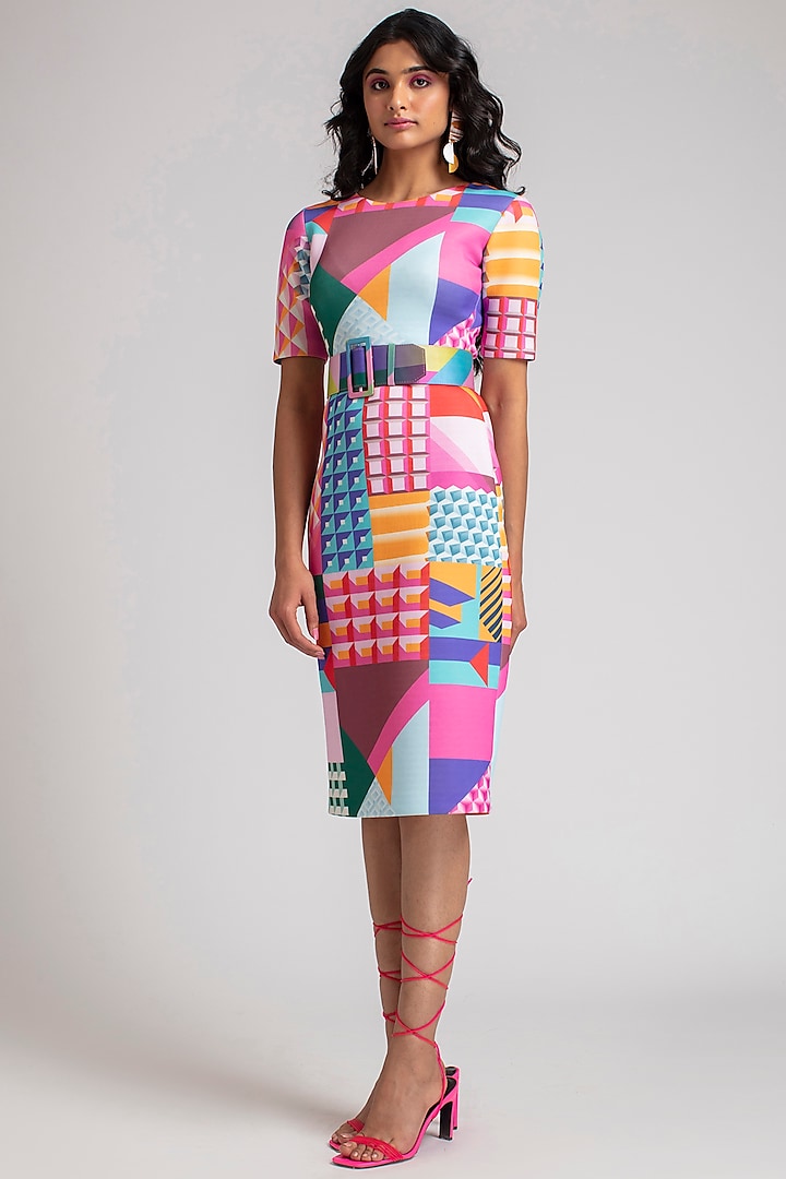 Multi Colored Graphic Printed Bodycon Dress by Pankaj & Nidhi