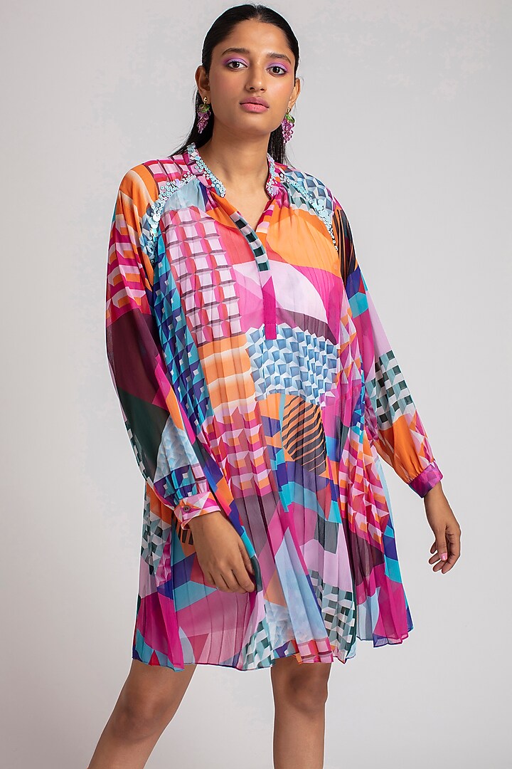 pankaj and nidhi pleated dress BERTHA PLEATED MINI DRESS