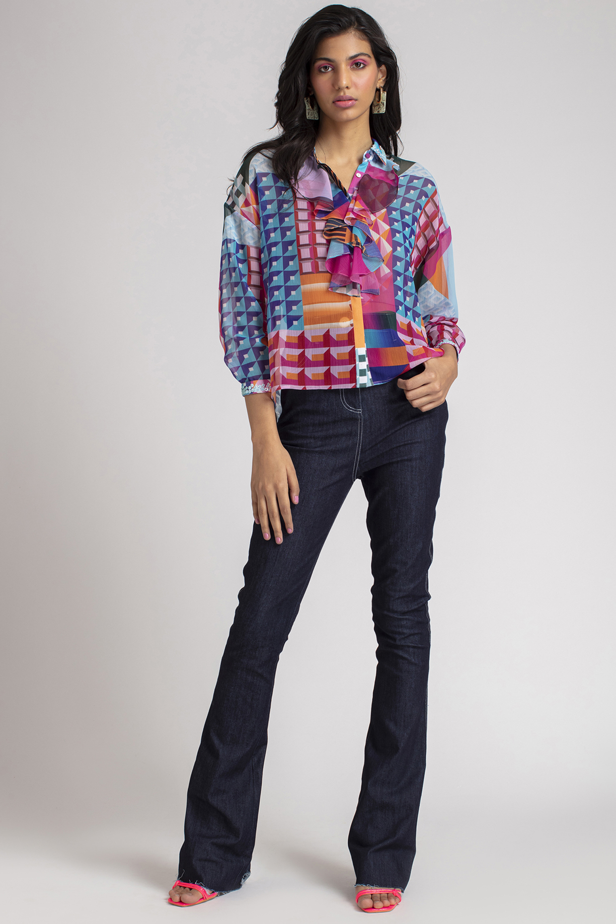 Multi Colored Printed Ruffled Blouse With Inner by Pankaj & Nidhi at Pernia's Pop Up Shop