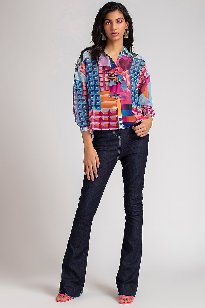 Multi Colored Printed Ruffled Blouse With Inner by Pankaj & Nidhi at Pernia's Pop Up Shop