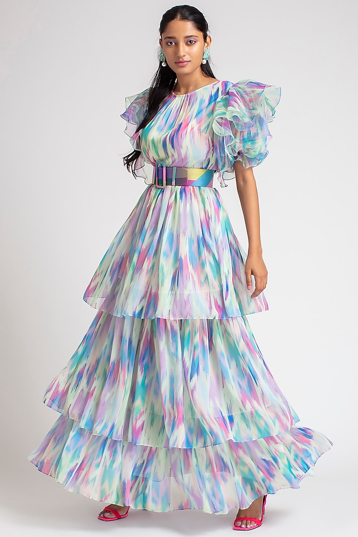 Multi Colored Ikat Embellished Vacation Dress With Belt by Pankaj & Nidhi at Pernia's Pop Up Shop