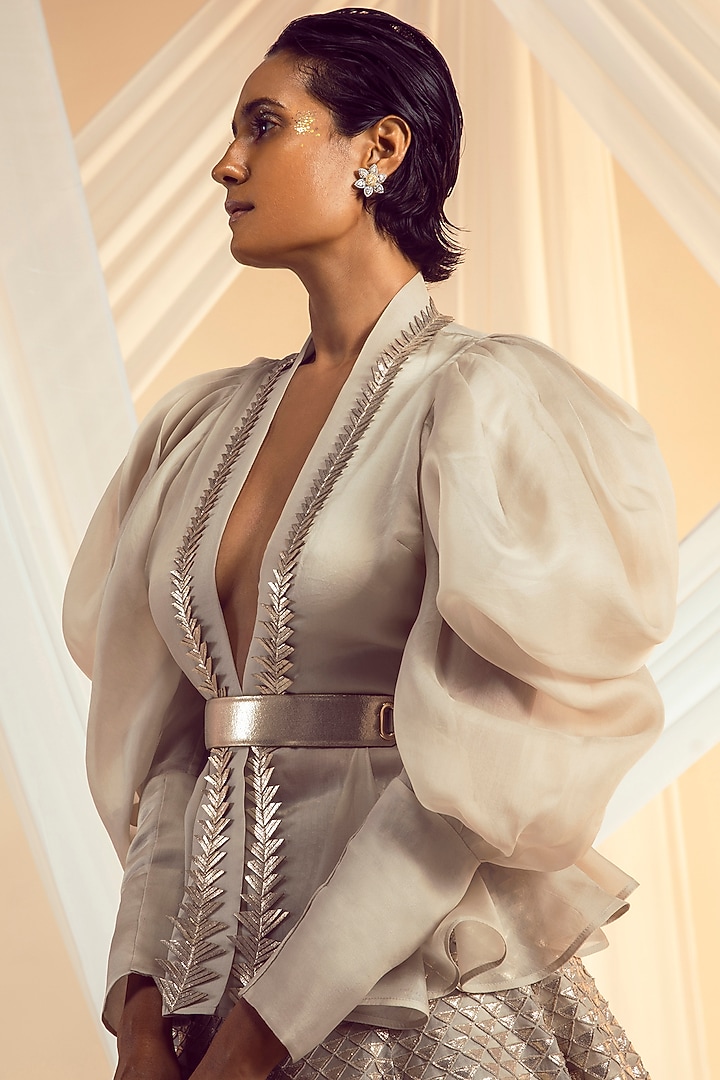 Grey Gold Hand Embroidered Bridal Lehenga Set by Pankaj & Nidhi at Pernia's Pop Up Shop