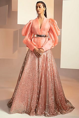 Coral Hand Embroidered Skirt Set by Pankaj & Nidhi