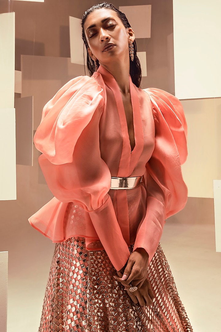 Coral Hand Embroidered Skirt Set by Pankaj & Nidhi at Pernia's Pop Up Shop
