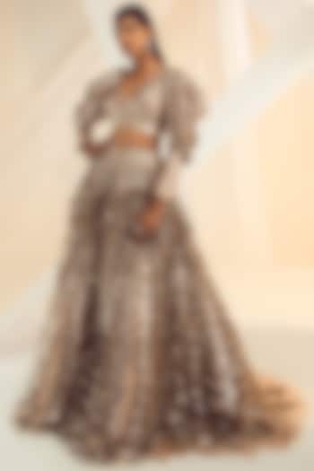 Beige Gold Bridal Lehenga Set With Hand Embroidery by Pankaj & Nidhi at Pernia's Pop Up Shop