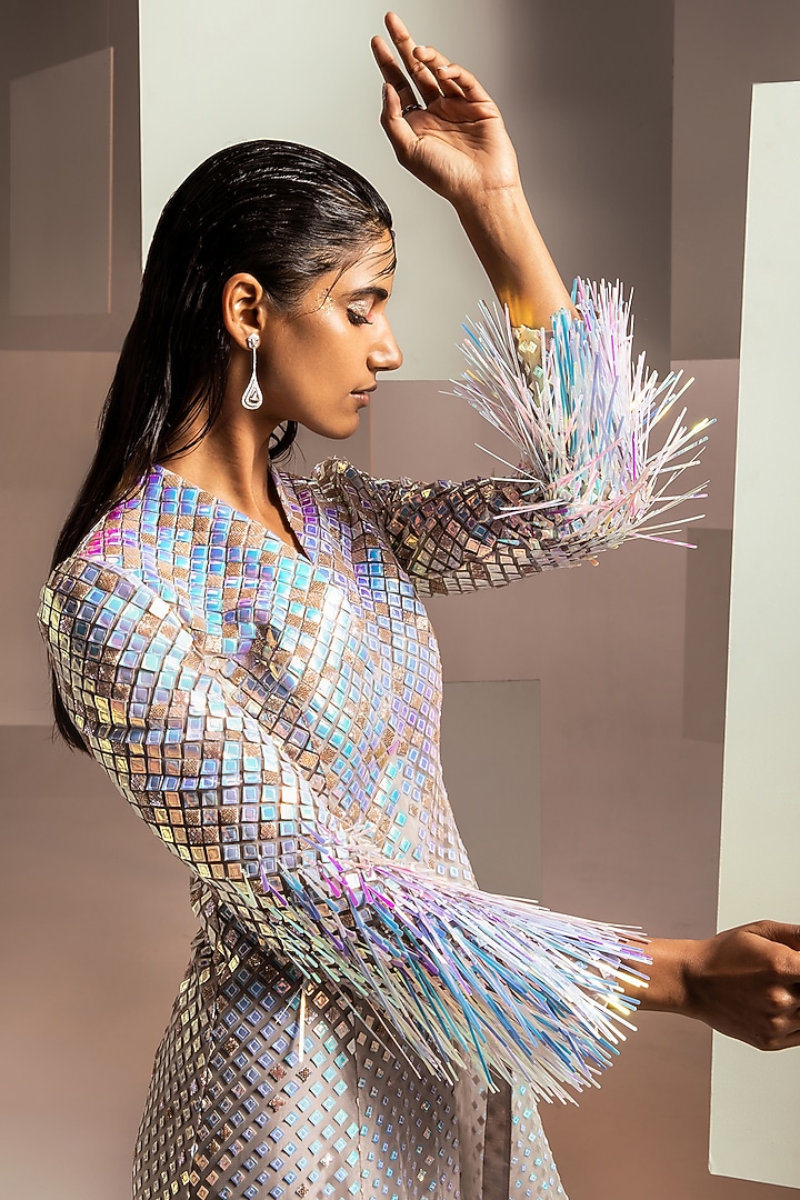 Iridescent Hand Embroidered Jacket Set by Pankaj & Nidhi at Pernia's Pop Up Shop