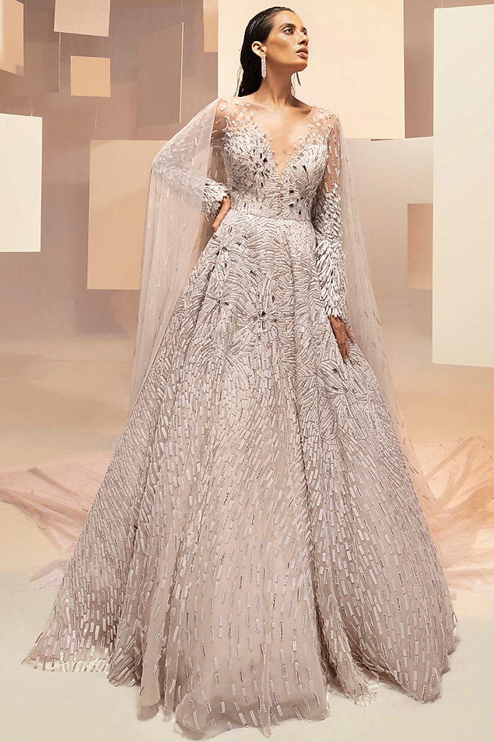Pearl Grey Gown With Hand Embroidery by Pankaj & Nidhi