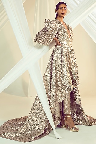 Beige Gold Jacket Set With Hand Embroidery by Pankaj & Nidhi