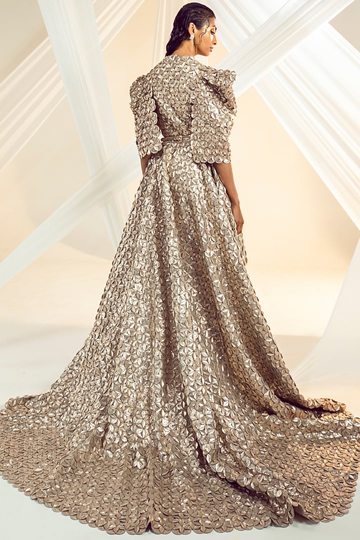 Beige Gold Jacket Set With Hand Embroidery by Pankaj & Nidhi at Pernia's Pop Up Shop