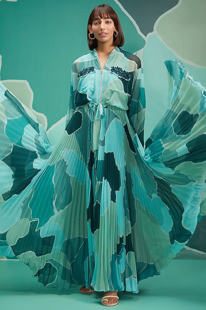 Green Printed Flowy Maxi Vacation Dress by Pankaj & Nidhi at Pernia's Pop Up Shop