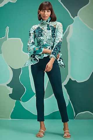 Green Embellished & Printed Top by Pankaj & Nidhi