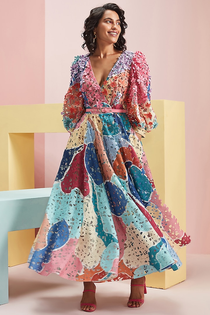 Multi-Colored Printed & Embellished Maxi Cocktail Dress by Pankaj & Nidhi at Pernia's Pop Up Shop