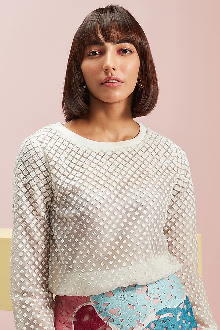 Ivory Hand Embellished Top by Pankaj & Nidhi at Pernia's Pop Up Shop