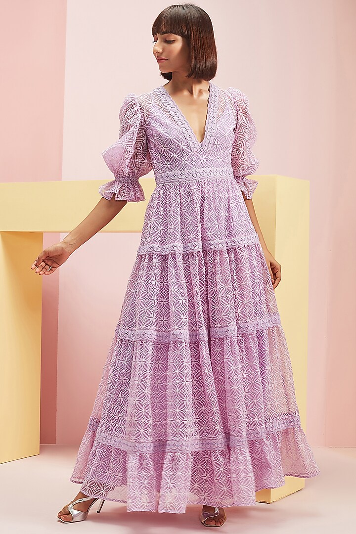 Lilac Maxi Vacation Dress With Hand Embellishments by Pankaj & Nidhi at Pernia's Pop Up Shop