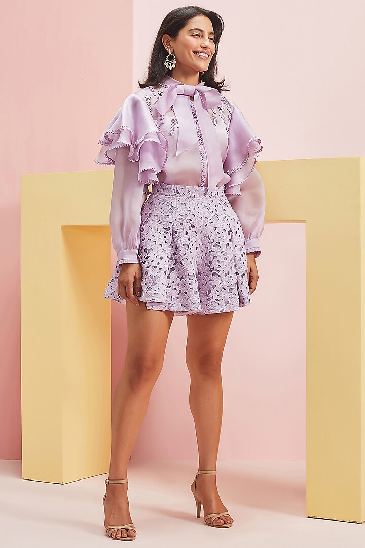 Lilac Floral Hand Embellished Shirt by Pankaj & Nidhi at Pernia's Pop Up Shop