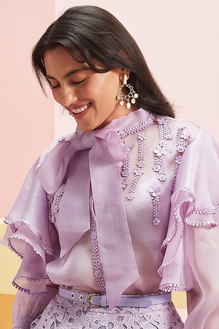 Lilac Floral Hand Embellished Shirt by Pankaj & Nidhi at Pernia's Pop Up Shop