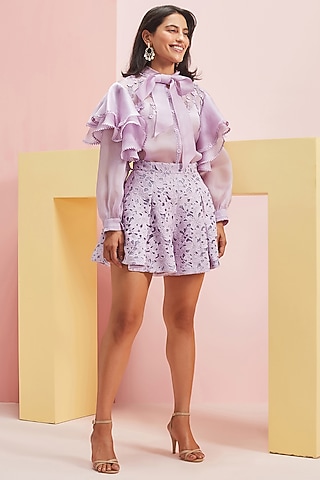 Lilac Hand Embellished Mini Skorts by Pankaj & Nidhi