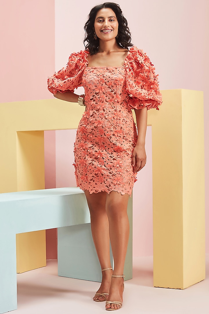 Coral Hand Embellished Mini Cocktail Dress by Pankaj & Nidhi at Pernia's Pop Up Shop