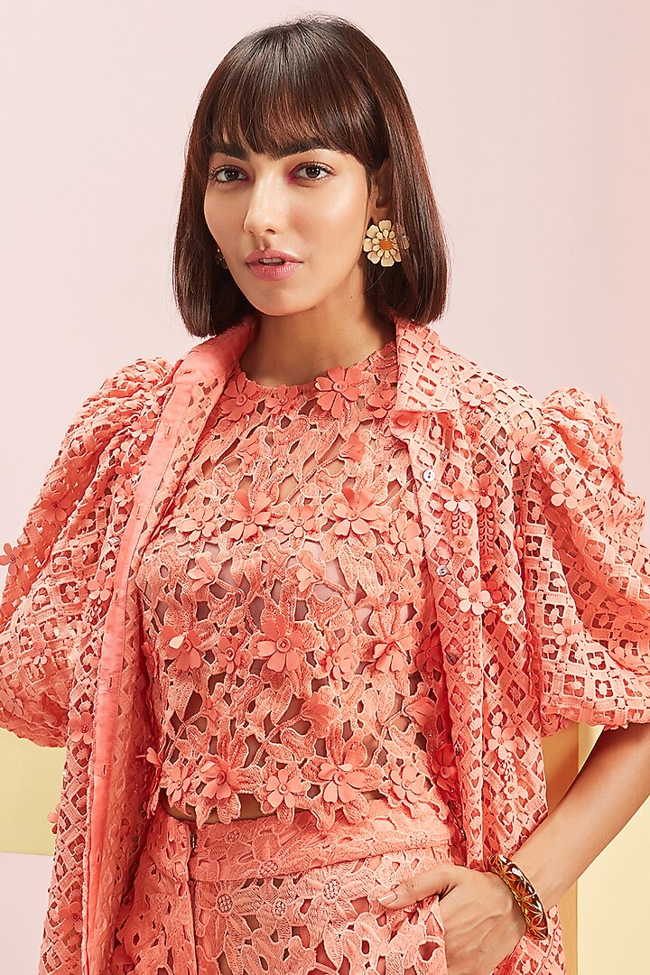 Coral Top With Reef Textured Applique by Pankaj & Nidhi at Pernia's Pop Up Shop
