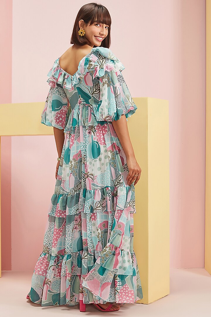 Multi Colored Graphic Printed Maxi Vacation Dress by Pankaj & Nidhi at Pernia's Pop Up Shop