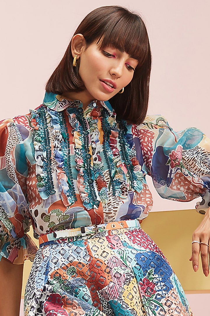 Multi-Colored Printed Sheer Shirt by Pankaj & Nidhi at Pernia's Pop Up Shop