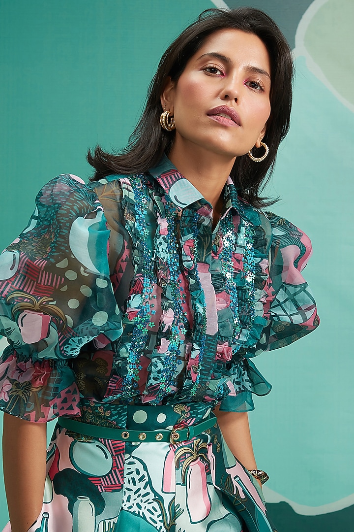 Green Printed Sheer Shirt by Pankaj & Nidhi at Pernia's Pop Up Shop