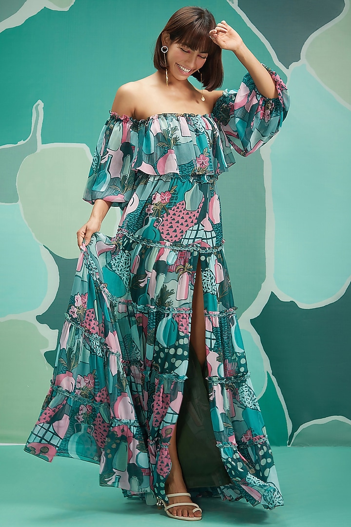 Green Chiffon Printed Maxi Dress by Pankaj & Nidhi